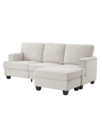 Beige Linen L-Shaped Sectional Sofa with Ottoman