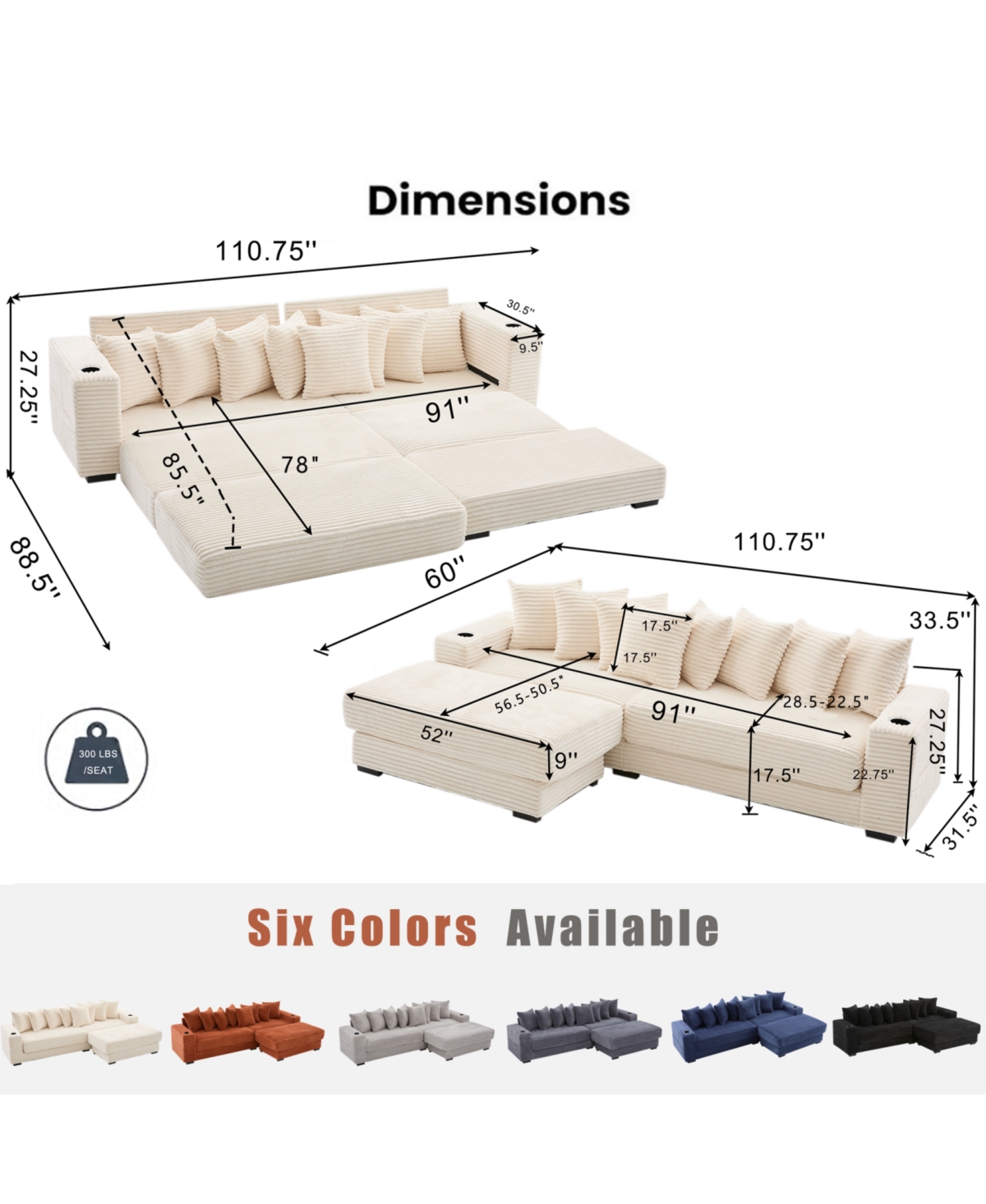 Streamdale Furniture Corduroy L-Shaped Sectional Sofa with