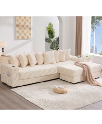 Corduroy L-Shaped Sectional Sofa with Ottoman, Pillows & Cup Holders - Beige