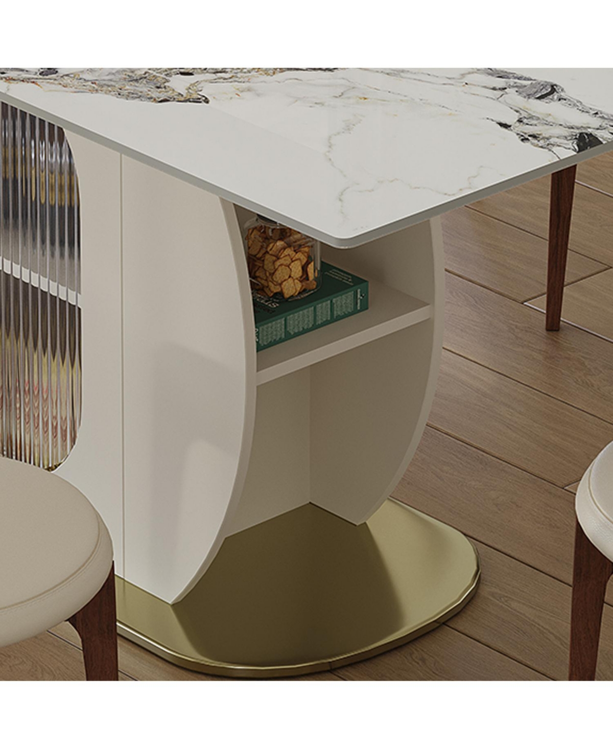 Streamdale Furniture 63" Modern Dining Table Set, Burnt Stone Top, Gold Base, 4 White Chairs