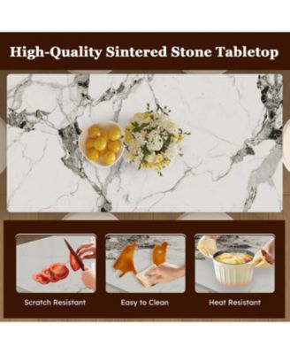 63" Modern Dining Table Set, Burnt Stone Top, Gold Base, 6