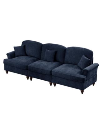Mid Century Chenille 3-Seater Sofa - Flared Arms, Removable Skirt - Blue