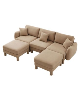  Boucle U-Shape Sectional Sofa with Ottomans & Shell Armrests - Coffee