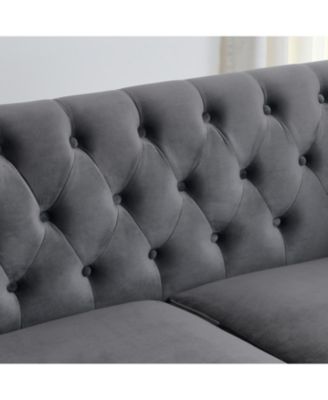 77" Modern Chesterfield Velvet Sofa, Tufted 3-Seater, Nailhead Arms (Grey