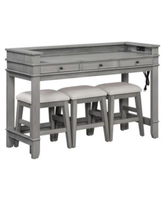 4-Piece Retro Dining Table Set with 3 Storage Drawers (Light Grey)