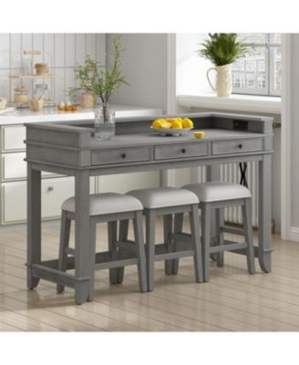 4-Piece Retro Dining Table Set with 3 Storage Drawers (Light Grey)