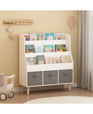 Streamdale Kids Bookshelf with 3 Fabric Bins White Wooden Book Organizer