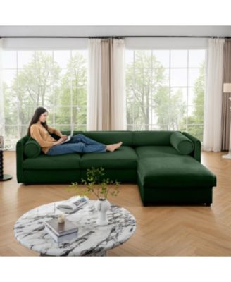 Elegant Green Chenille L-Shaped Sofa with Storage and Ottoman.