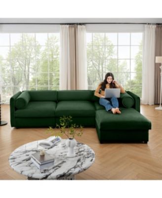 Elegant Green Chenille L-Shaped Sofa with Storage and Ottoman.
