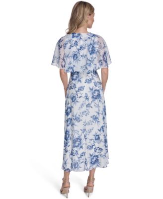 Women's Cape-Sleeve Smocked Printed Dress