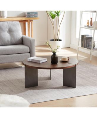 Round Coffee Table Walnut Wood Surface and Black Metel Feet