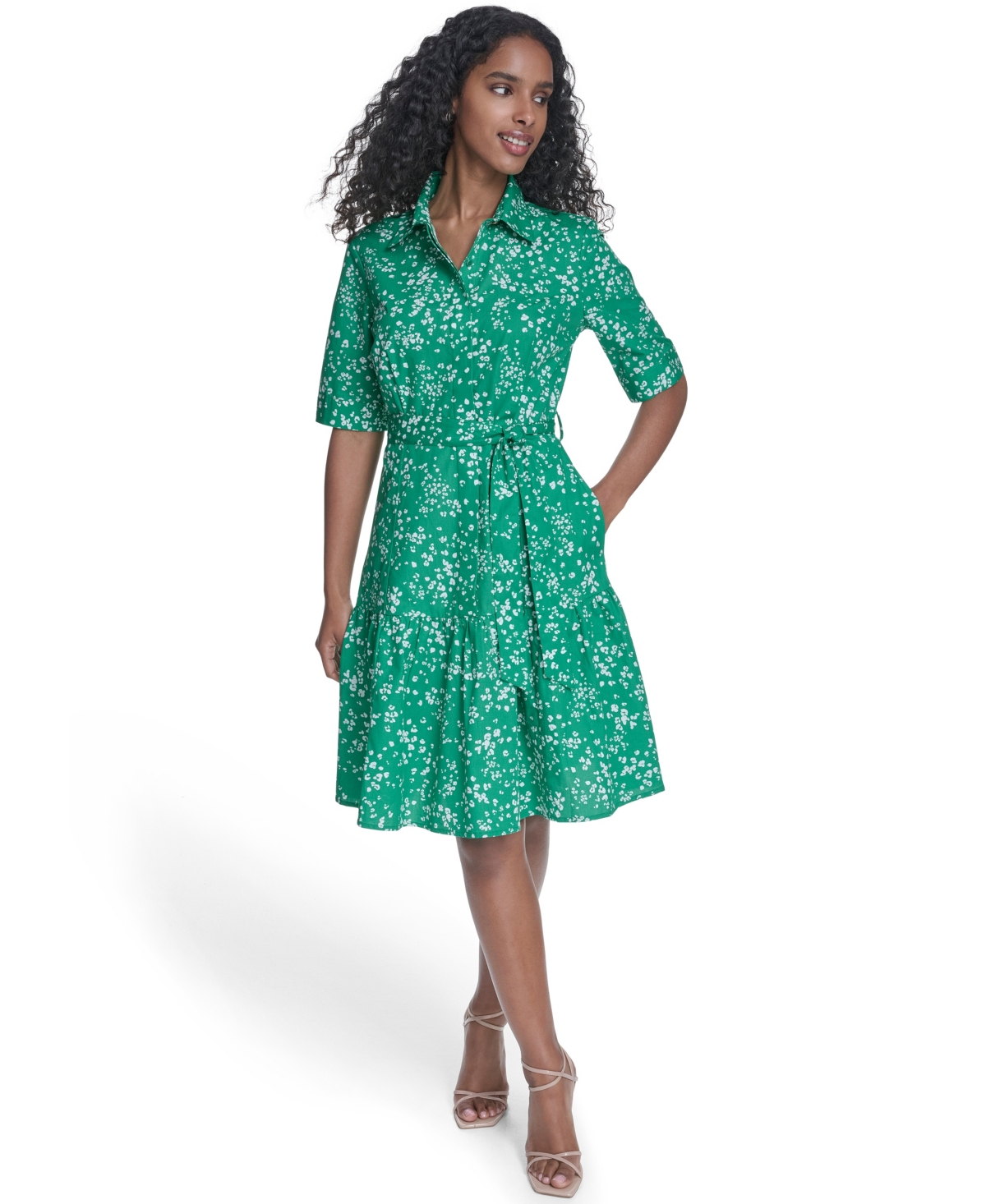 Calvin Klein Women's Short-Sleeve Tiered Shirt Dress - Fern Cream