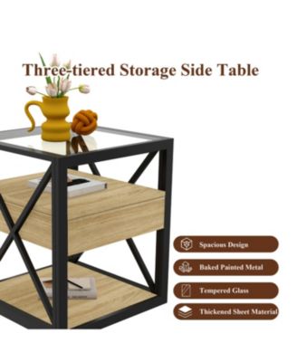 Modern End Table with Drawer - Natural Wood & Glass