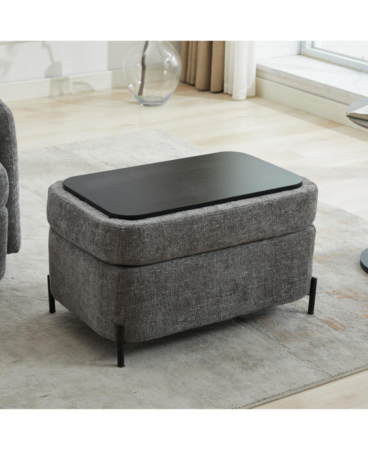Streamdale Chenille Storage Ottoman - Black Metal Legs
