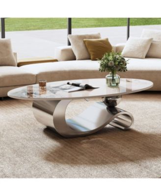 49" Faux Marble Oval Coffee Table, Steel Base