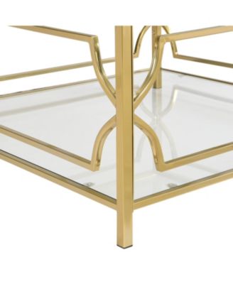  Square Glass Coffee Table, Gold Geometric Frame, Lower Shelf