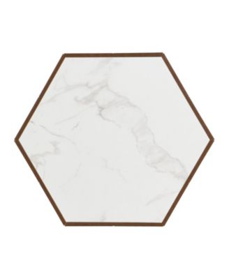 Rustic Hexagonal Coffee Table, Drawers, Marble Top, Light Oak