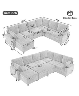 109.9" U-Shaped Sectional Sofa Bed with Storage, Cup Holders & Charging