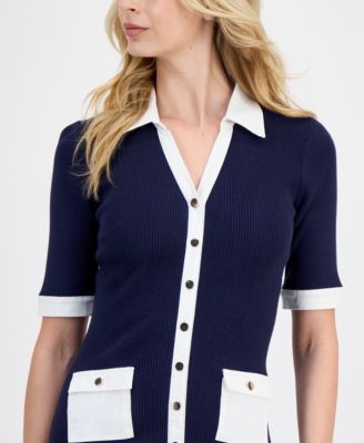Women's Ribbed Knit Contrast Trim Sheath Dress