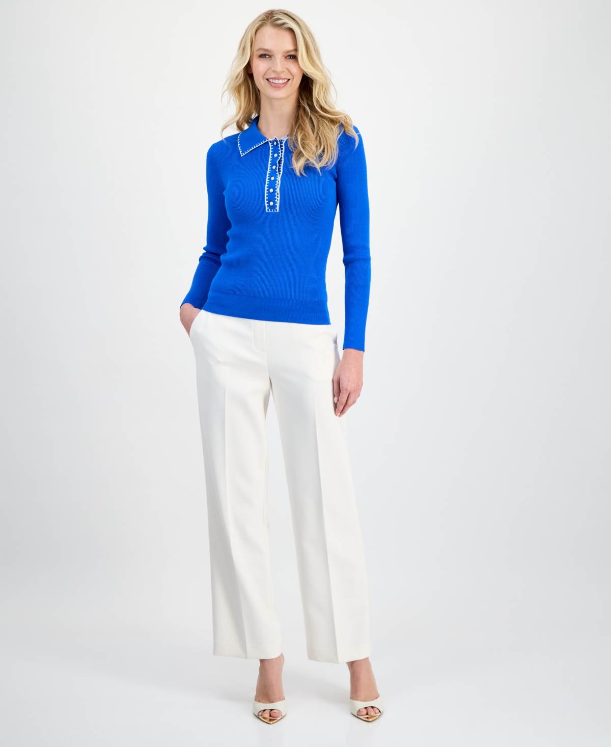 T Tahari Women's Whipstitch Trim Ribbed Knit Sweater