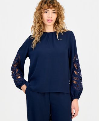 Women's Embroidered-Sleeve Crewneck Blouse