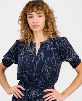 Women's Floral-Print Smocked-Waist Elbow-Sleeve Dress