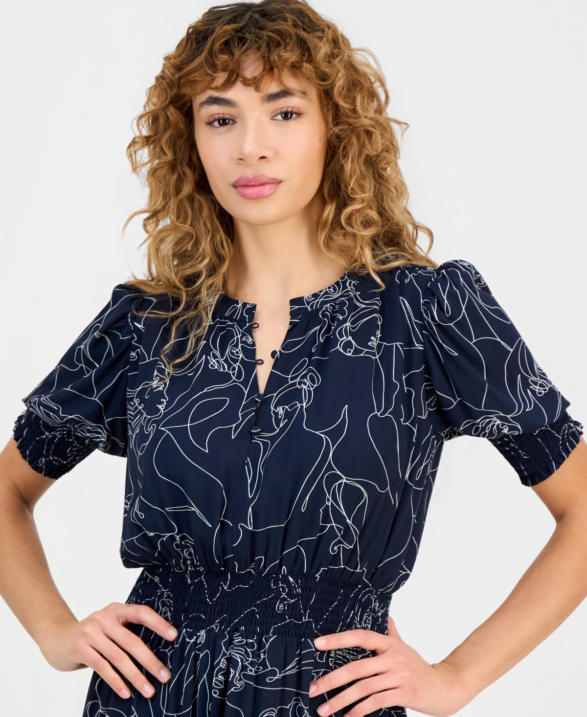 T Tahari Women's Floral-Print Smocked-Waist Elbow-Sleeve Dress