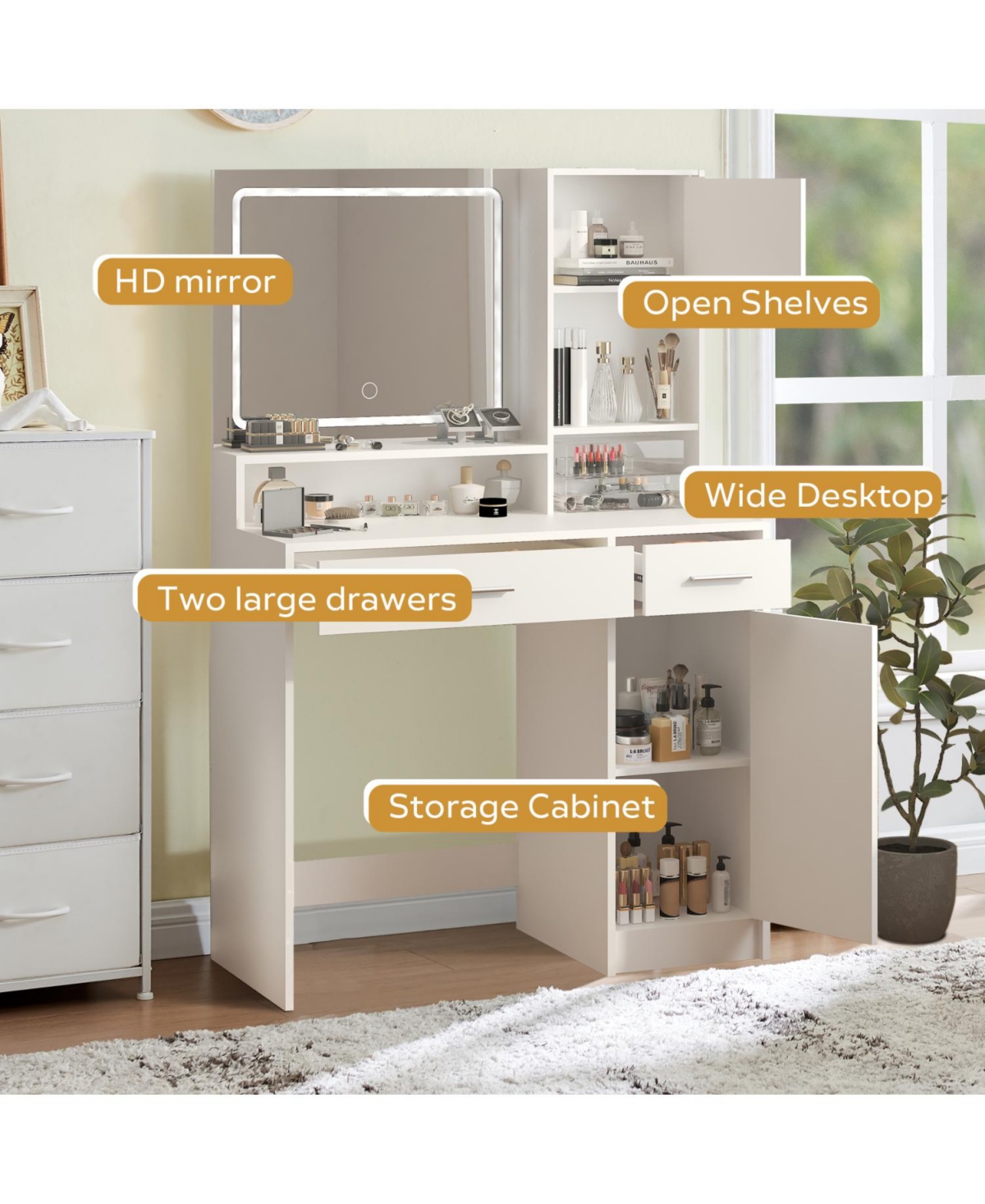 Streamdale Furniture Vanity Desk with Mirror, Led Light, Drawer & Storage