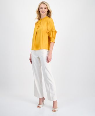 Women's Smocked Ruffle-Trim Elbow-Sleeve Top