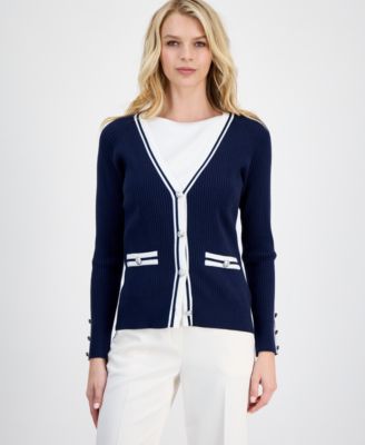 Women's Contrast-Trim Ribbed Knit Button-Front Cardigan