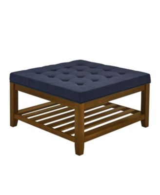 Streamdale Navy Blue Linen Tufted Ottoman w/ Wood Frame & Shelf
