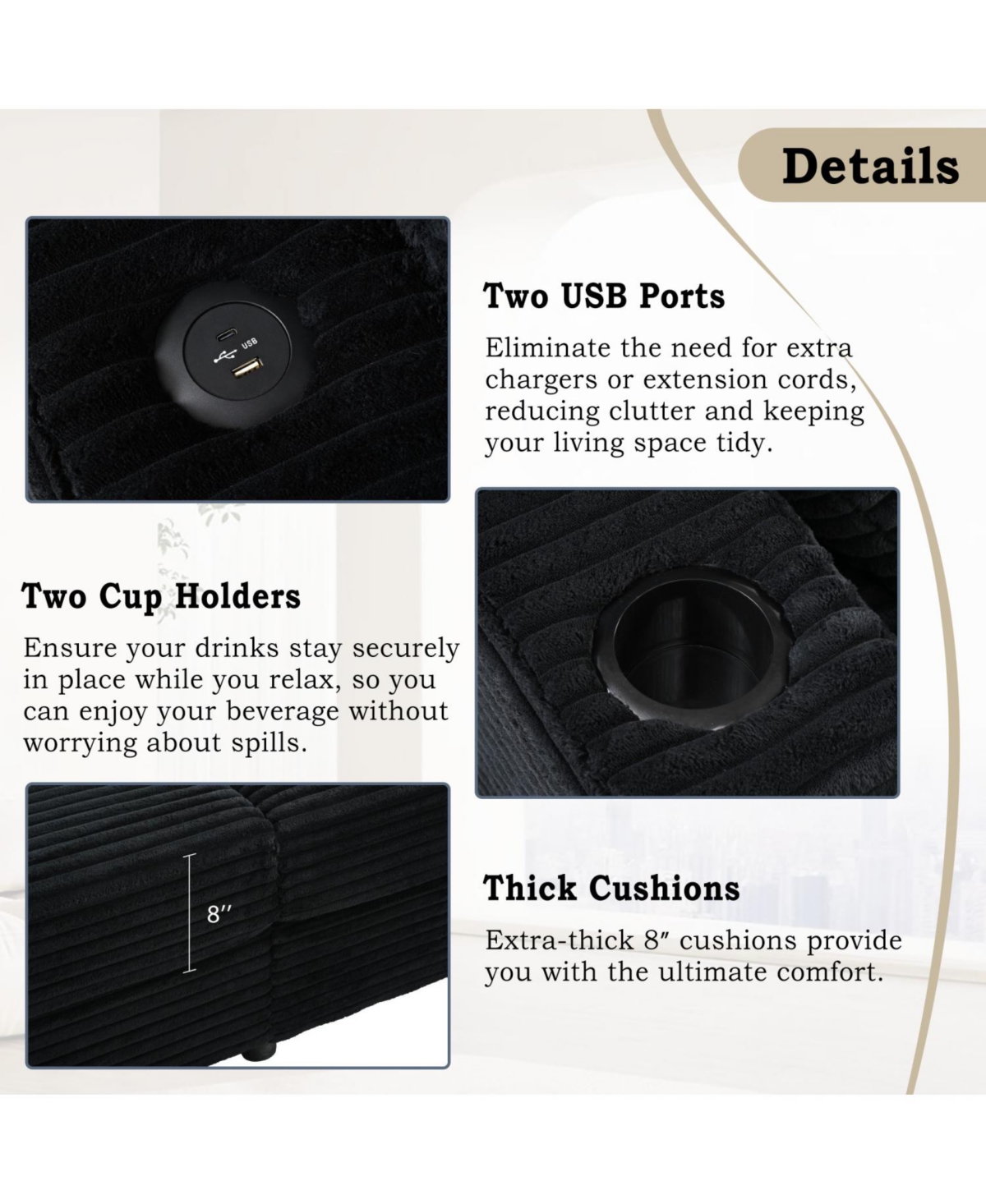 Streamdale Furniture Oversized Corduroy Loveseat Chaise Lounge with Usb Ports, Cup Holders, and Pillows