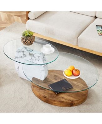 Contemporary White Marble & Wood Coffee Table