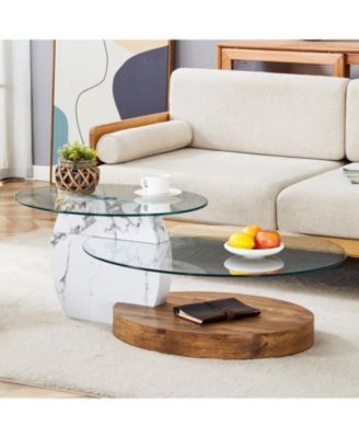 Contemporary White Marble & Wood Coffee Table