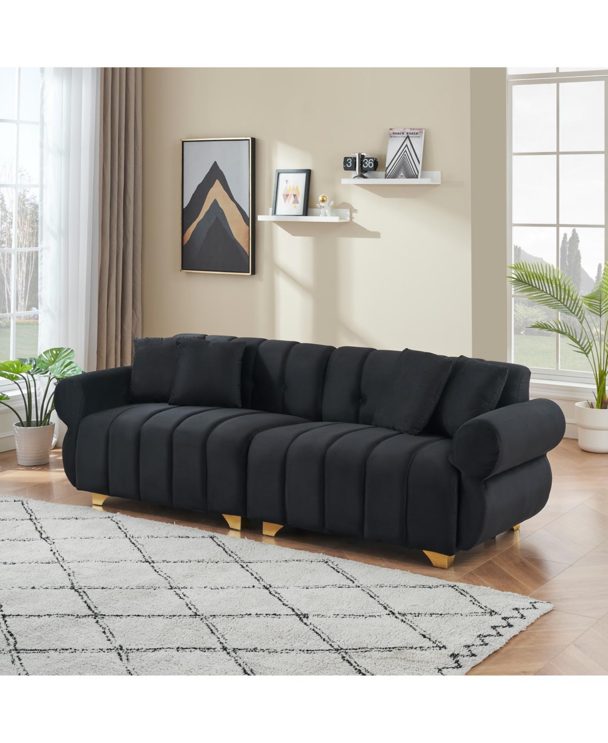 Streamdale Furniture 89" Flannelette Sofa Set w/ Metal Feet & Throw Pillows