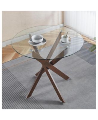 Modern Glass Dining Table Walnut Metal Legs