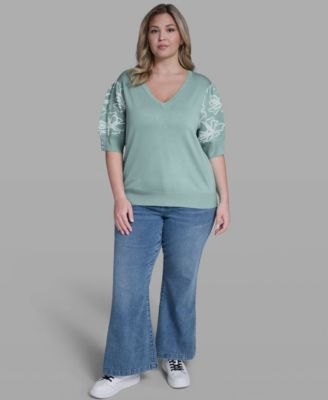 Plus Size Floral Printed Sleeve Sweater