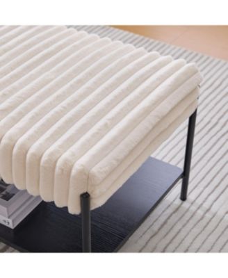 Upholstered Ottoman Coffee Table with Storage Shelf - Beige