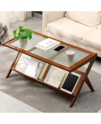 Rattan Coffee Table with Glass Top & Storage