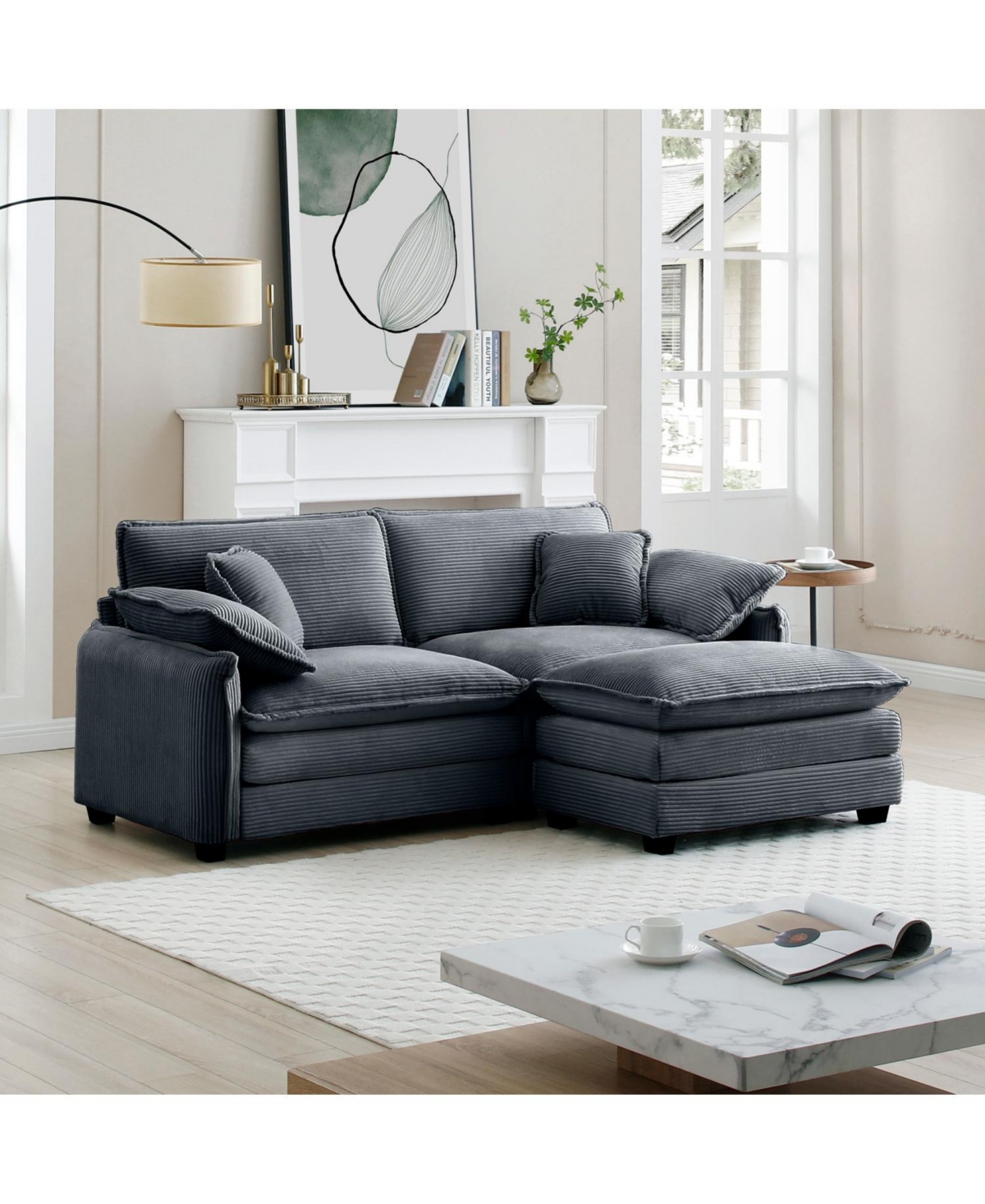 Streamdale Furniture Grey Corduroy 2-Seater Sofa with Ottoman