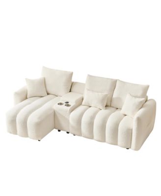 92" Teddy Fur Corner Sofa w/ USB, Console & Table - Large Cushioned Sofa