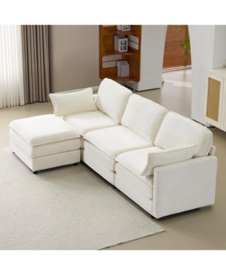 Streamdale Plush Cloud 3 Seater Sofa & Ottoman - Beige Chenille Cushions & Throw Pillows