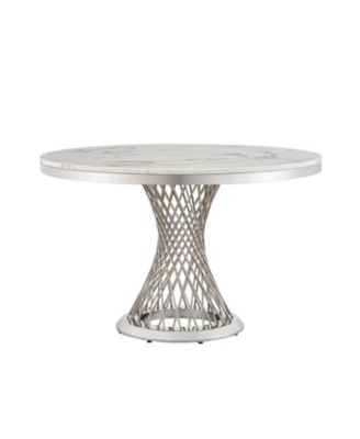 47" Round Marble Dining Table, High Gloss Faux Marble Top, Stainless Steel Base