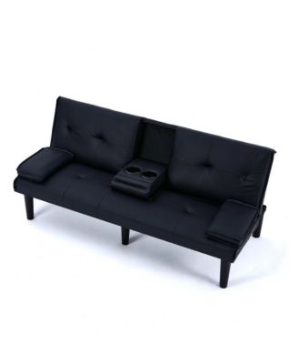 67" Black PVC Multifunctional Sofa Bed with Foldable Design & Cup Holder