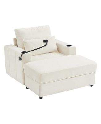 Modern Armchair Chaise Lounge Sofa with Ottoman, USB Ports & Cup Holders