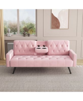 Pink Velvet Sofa Bed with Nailhead Trim & Cup Holders