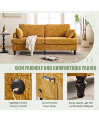 Modern Chenille 2-Seater Sofa w/ LED, USB & Storage