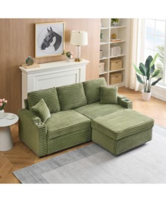 80" Corduroy Sofa Bed with Reclining, Footstool, & Cup Holders - Green