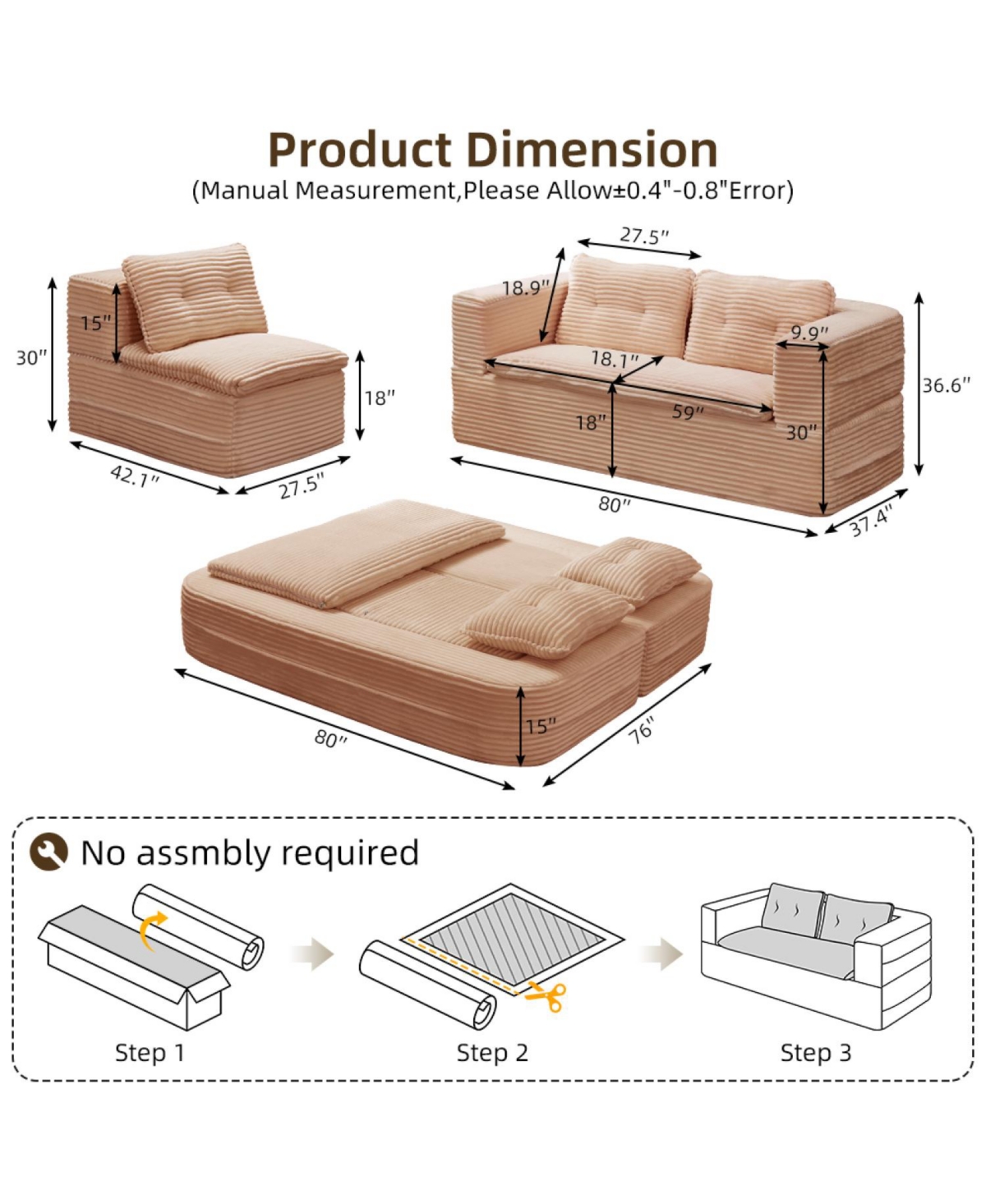 Streamdale Furniture Corduroy Sectional Sofa Bed with Chaise & Blanket