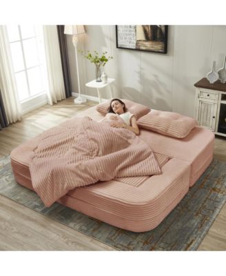 Corduroy Sectional Sofa Bed with Chaise & Blanket